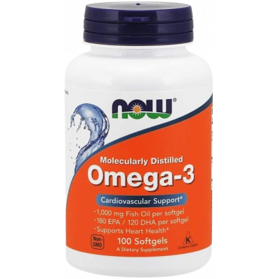NOW OMEGA 3 FISH OIL CARDIOVASCULAR SUPPORT ( FISH OIL 1000 MG + EPA 180 MG + DHA 120 MG ) 100 MOLECULARLY DISTILLED SOFTGELS